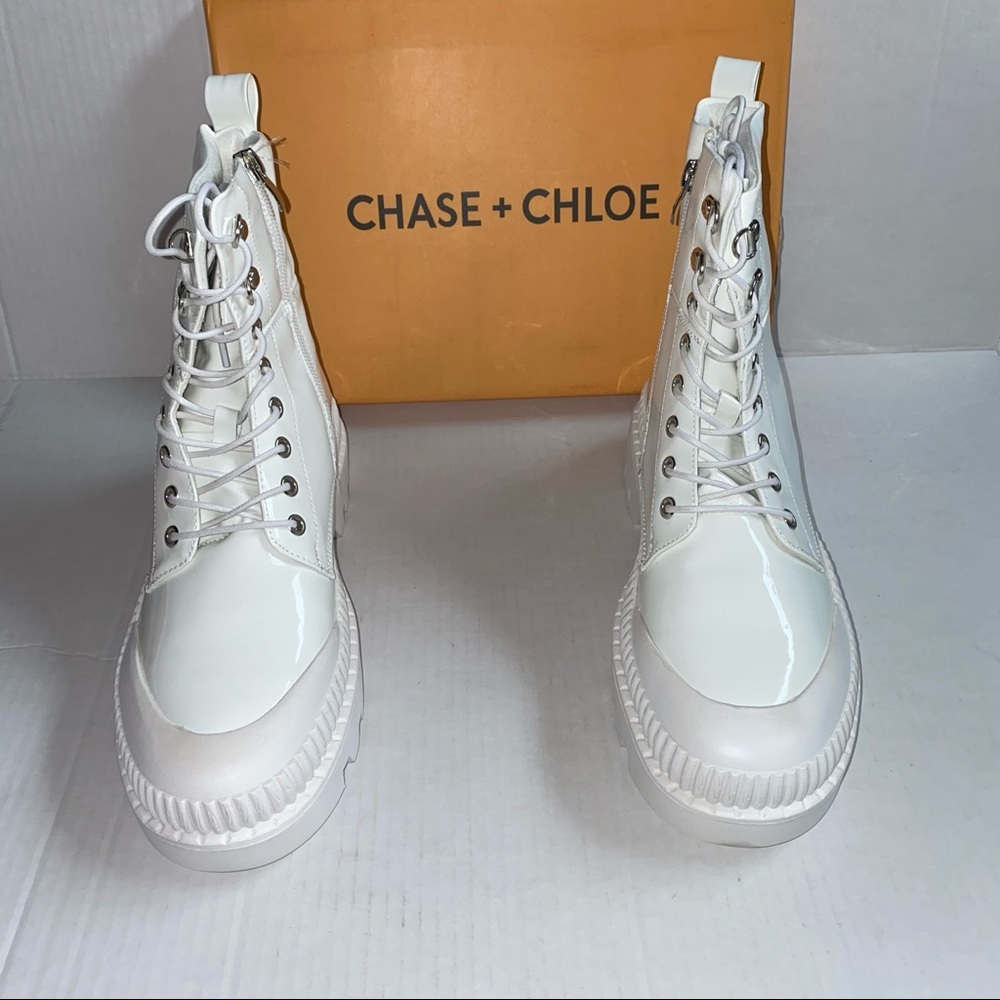Chase And Chloe Chelsey Lug Sole White Patent Combat Boots - Picture 5 of 12